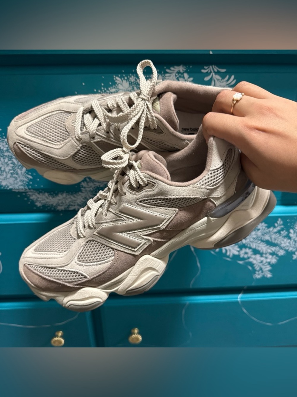 New Balance Women’s Taupe & Light Gray Chunky Mesh Suede Sneakers
